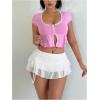 imageSHENHE Womens Lace Mini Skirt Y2k Low Rise Ruched Layered Ruffle SkirtWhite