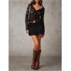 imageSHENHE Womens Y2k Lace Mini Skirt Ruched Low Rise Ruffle Flowy A Line Short SkirtBlack