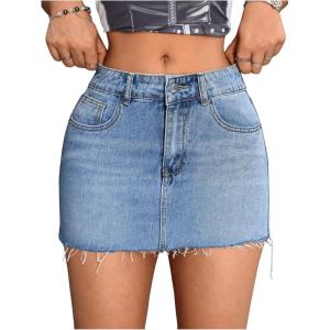 imageSHENHE Womens Casual Ripped Jean Skirt Low Waist Raw Hem Mini Denim SkirtsLight Blue
