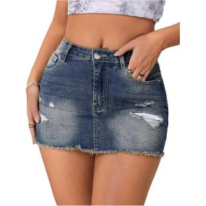 imageSHENHE Womens Casual Ripped Jean Skirt Low Waist Raw Hem Mini Denim SkirtsRaw Hem Blue