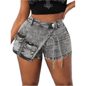 imageSHENHE Womens Denim Cargo Shorts High Waisted Wrap Jean Skort Skirt Shorts with PocketsGrey