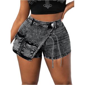 imageSHENHE Womens Denim Cargo Shorts High Waisted Wrap Jean Skort Skirt Shorts with PocketsLight Grey