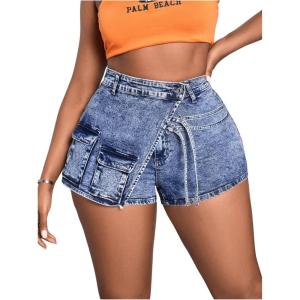imageSHENHE Womens Denim Cargo Shorts High Waisted Wrap Jean Skort Skirt Shorts with PocketsLight Wash Blue