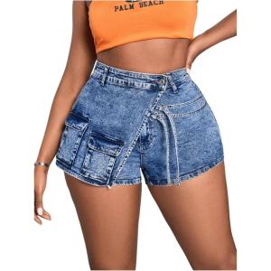 imageSHENHE Womens Denim Cargo Shorts High Waisted Wrap Jean Skort Skirt Shorts with PocketsMedium Wash Blue