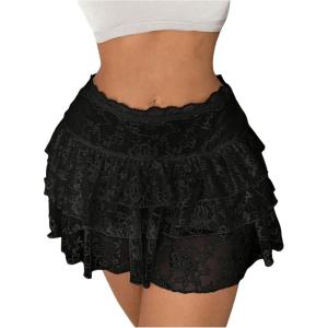 imageSHENHE Womens Floral Lace Mini Skirt Y2k Low Waist Ruffle Hem Fairycore Layered SkirtBlack