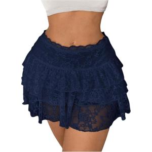 imageSHENHE Womens Floral Lace Mini Skirt Y2k Low Waist Ruffle Hem Fairycore Layered SkirtDeep Blue