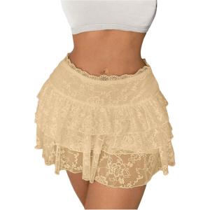 imageSHENHE Womens Floral Lace Mini Skirt Y2k Low Waist Ruffle Hem Fairycore Layered SkirtKhaki