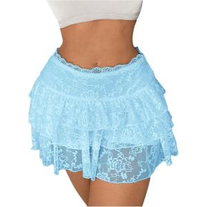 imageSHENHE Womens Floral Lace Mini Skirt Y2k Low Waist Ruffle Hem Fairycore Layered SkirtLight Blue