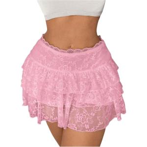 imageSHENHE Womens Floral Lace Mini Skirt Y2k Low Waist Ruffle Hem Fairycore Layered SkirtPink