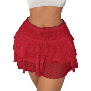 imageSHENHE Womens Floral Lace Mini Skirt Y2k Low Waist Ruffle Hem Fairycore Layered SkirtRed