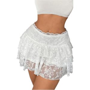 imageSHENHE Womens Floral Lace Mini Skirt Y2k Low Waist Ruffle Hem Fairycore Layered SkirtWhite