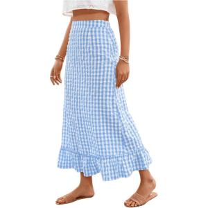 imageSHENHE Womens Gingham Skirt Long Ruffle Hem A Line High Waist Plaid Maxi SkirtBlue and White