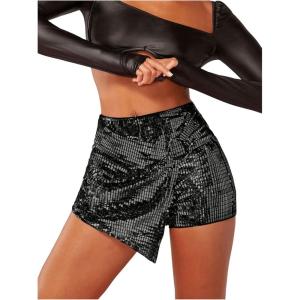 imageSHENHE Womens Glitter Shiny Shorts O Ring Wrap Skort Skirt Party Rave Sparkle ShortsBlack
