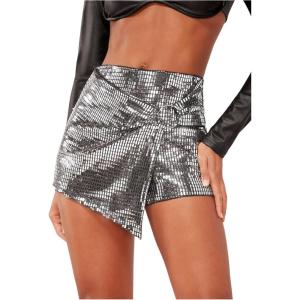 imageSHENHE Womens Glitter Shiny Shorts O Ring Wrap Skort Skirt Party Rave Sparkle ShortsSilver