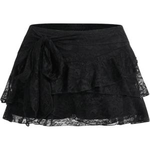 imageSHENHE Womens Lace Low Rise Y2k Layered Ruffle Tie Bow Mini Skirt Cute Cake SkirtBlack