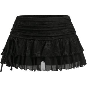 imageSHENHE Womens Lace Mini Skirt Y2k Low Rise Ruched Layered Ruffle SkirtBlack