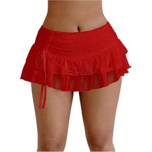 imageSHENHE Womens Lace Mini Skirt Y2k Low Rise Ruched Layered Ruffle SkirtRed