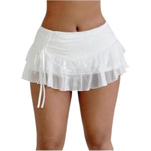 imageSHENHE Womens Lace Mini Skirt Y2k Low Rise Ruched Layered Ruffle SkirtWhite