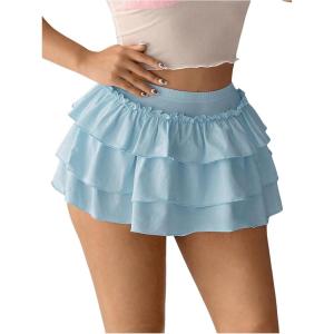 imageSHENHE Womens Layered Skirt Y2k Bow Mini Skirt Ruffle Flowy Sexy Micro Mini SkirtBlue