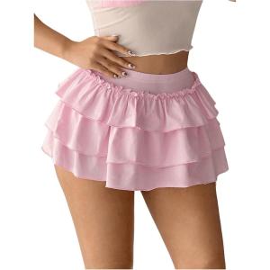 imageSHENHE Womens Layered Skirt Y2k Bow Mini Skirt Ruffle Flowy Sexy Micro Mini SkirtPink