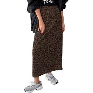 imageSHENHE Womens Leopard Print Corduroy Skirt High Elastic Waist Back Slit Casual Fall SkirtCoffee Brown