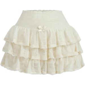 imageSHENHE Womens Mesh Drop Waist Ruffle Hem Short Skirt Bow Front Layer Y2K Streetwear Mini SkirtApricot