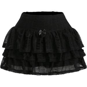 imageSHENHE Womens Mesh Drop Waist Ruffle Hem Short Skirt Bow Front Layer Y2K Streetwear Mini SkirtBlack