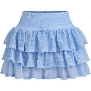 imageSHENHE Womens Mesh Drop Waist Ruffle Hem Short Skirt Bow Front Layer Y2K Streetwear Mini SkirtLight Blue