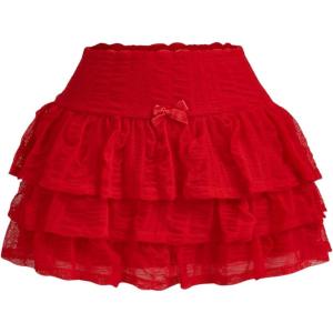 imageSHENHE Womens Mesh Drop Waist Ruffle Hem Short Skirt Bow Front Layer Y2K Streetwear Mini SkirtRed