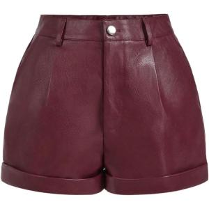 imageSHENHE Womens PU Leather High Waist Roll Up Straight Leg Shorts Zipper Fly ShortsBurgundy