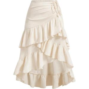 imageSHENHE Womens Plus Size Layered Ruffle Hem Ruched Drawstring Asymmetrical Flowy Midi SkirtApricot