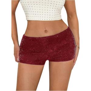 imageSHENHE Womens Sequin Mini Shorts Sparkly Low Rise Bodycon Y2k Sexy Hot Pants Rave Club Micro ShortsBurgundy