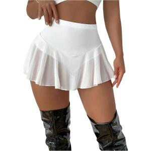 imageSHENHE Womens Sheer Mesh Skater Skort High Waisted Sexy Flowy Mini Skirt Shorts SkortWhite