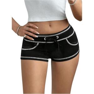 imageSHENHE Womens Y2k Low Rise Mini Shorts Drawstring Tie Waist Binding Trim Micro Mini ShortsBlack