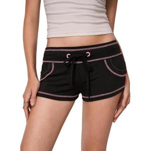 imageSHENHE Womens Y2k Low Rise Mini Shorts Drawstring Tie Waist Binding Trim Micro Mini ShortsBlack and Pink