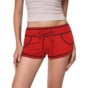imageSHENHE Womens Y2k Low Rise Mini Shorts Drawstring Tie Waist Binding Trim Micro Mini ShortsRed