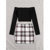 imageSHENHE Womens 2 Piece Outfits Off Shoulder Ribbed Long Sleeve Crop Top and Plaid Mini Skirt SetBlack and White