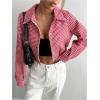 imageSHENHE Womens Cropped Bomber Jacket Houndstooth Button Down Crop Plaid Shacket JacketRed