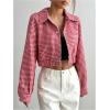 imageSHENHE Womens Cropped Bomber Jacket Houndstooth Button Down Crop Plaid Shacket JacketRed