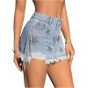 imageSHENHE Womens Distressed Low Rise Star Print Fringe Frayed Hem Y2k Denim Mini SkirtBlue