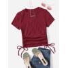 imageSHENHE Womens Drawstring Shirt Ribbed Crop Top Short Sleeve Ruched TeeBurgundy