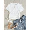imageSHENHE Womens Drawstring Shirt Ribbed Crop Top Short Sleeve Ruched TeeWhite