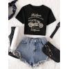 imageSHENHE Womens Short Sleeve Crewneck Crop Tops Motorcycle Letter Graphic Tee T ShirtsBlack