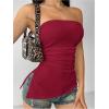 imageSHENHE Womens Strapless Ruched Tube Top Asymmetrical Side Slit Hem Fitted Bandeau Tank TopBurgundy