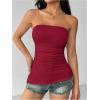 imageSHENHE Womens Strapless Ruched Tube Top Asymmetrical Side Slit Hem Fitted Bandeau Tank TopBurgundy