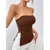 imageSHENHE Womens Strapless Ruched Tube Top Asymmetrical Side Slit Hem Fitted Bandeau Tank TopCoffee Brown