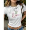 imageSHENHE Womens Summer Graphic Crop Tee Crew Neck Short Sleeve Funny Fitted T Shirt TopWhite Boots Print