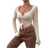imageSHENHE Womens Twist Front Split Sweetheart Neck Asymmetrical Top Long Sleeve Sexy Crop TeeApricot
