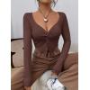 imageSHENHE Womens Twist Front Split Sweetheart Neck Asymmetrical Top Long Sleeve Sexy Crop TeeBrown