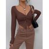 imageSHENHE Womens Twist Front Split Sweetheart Neck Asymmetrical Top Long Sleeve Sexy Crop TeeBrown